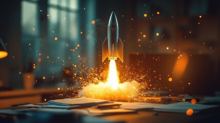 Rocket Launching from Office Desk with Sparks Symbolizing Business Growth