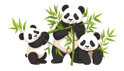 Three panda cubs sharing bamboo