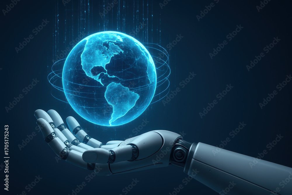 Poster robotic hand holding glowing holographic earth globe digital data streams futuristic technology arti