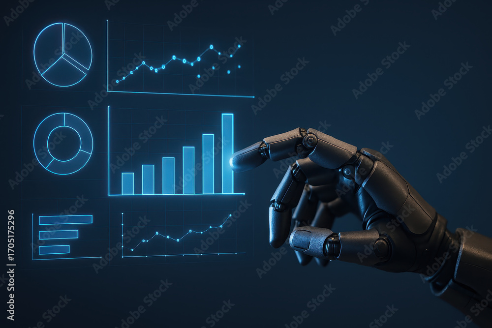Aufkleber robotic hand interacts with futuristic technology interface displaying medical data analysis, digita