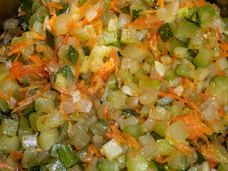 Diced Mixed Vegetables Cooking in a Pan.
