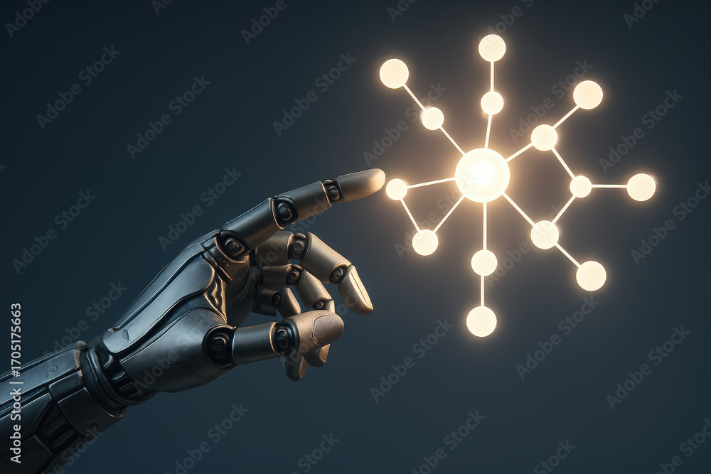 Poster mechanical hand reaching towards glowing molecule structure futuristic technology innovation artific