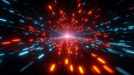 Fototapeta premium Cosmic Voyage Through Time: A dynamic tunnel of light and particles races into a central point, filled with bright orange and blue hues, symbolizing speed and the cosmos.