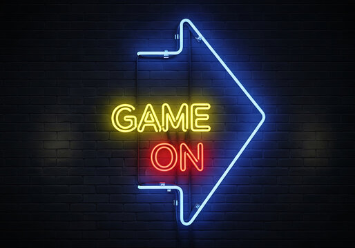 Neon sign with the words game on in yellow and red, with a blue arrow pointing to the right, perfect for a gaming room or arcade - Powered by Adobe