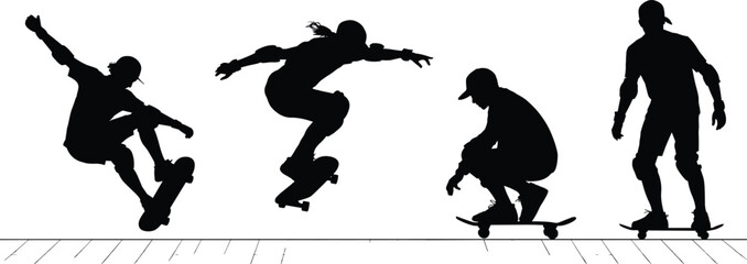 Silhouettes of skateboarders performing tricks on ramp, urban extreme sport action, skateboarding vector illustration for youth street culture design