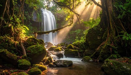 Lush Tropical Waterfall with Vines Moss Covered Rocks and Sun Rays in Forest Jungle Landscape Stream with Long Exposure Tranquil Nature Scenery
