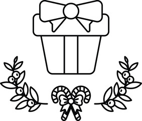 A black and white drawing of a gift box with a bow on top