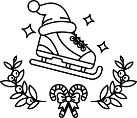 A black and white drawing of a skater with a hat and skates