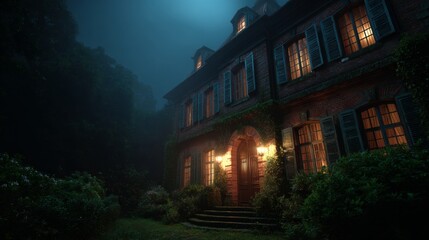 Mysterious Mansion at Twilight: A stately mansion looms majestically, its windows glowing warmly against a backdrop of a misty, moonlit night.