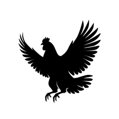 Silhouette of a rooster with wings spread wide in flight. Black vector illustration symbolizing farm animal, freedom, rural life, and traditional culture
