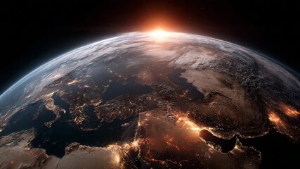 The sun is setting on the planet Earth. The sky is dark and the planet is lit up by the sun. Earth with glowing heat spot over Turkey area and flame overlay, wildfires dramatic conceptual muted