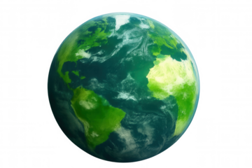Green earth globe rotating on transparent background, featuring continents, oceans, and atmospheric clouds