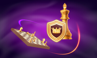 3d golden shield with crown, chess piece king and chessboard. Chess Strategy for Business Leadership and Team Success Concepts. Stock vector illustration on purple isolated background. 