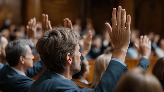 A man is raising his hand in a crowd of people. There are many people in the crowd. Faceless senators raising hands to vote in chamber, vote-a-rama documentary muted editorial