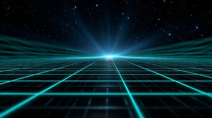 Digital Grid Perspective: An abstract digital landscape, a neon grid stretches into infinity beneath a starlit sky, creating a sense of futuristic exploration and boundless potential.