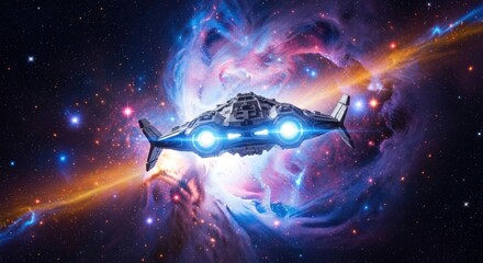 Spaceship flies into nebula, bright blue lights glowing in cosmic backdrop