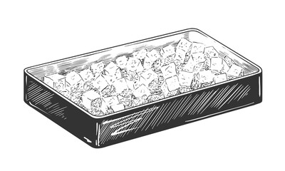 Baking tray with sketch style stuffing. Black and white engraving with bread stuffing. Thanksgiving dish