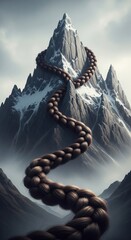 Surreal fantasy mountain with a giant braided hair path winding up snowy peaks, imaginative concept art symbolizing strength, femininity, growth and resilience