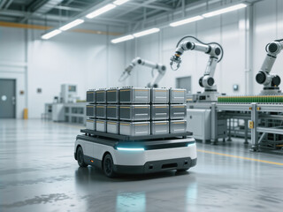 An AMR transports battery modules in a futuristic smart factory with robotic arms.