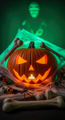 Halloween jack o lantern glowing with scary carved face surrounded by skulls, bones, cobwebs and spiders, green light and ghostly figure in background, spooky festive decoration concept