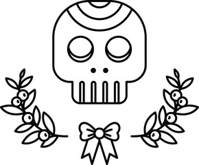 A skull with a bow is surrounded by leaves