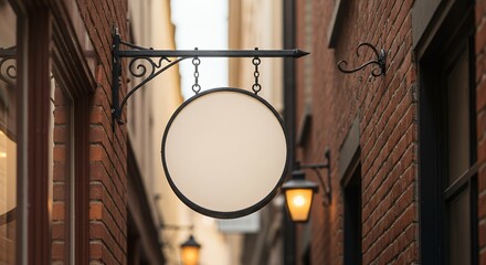 A blank circular sign hangs from a wrought iron bracket attached to a brick building