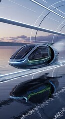 Futuristic hyperloop capsule moving at high speed in a tunnel over water at sunset
