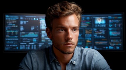Obraz premium Analyzing Data: A focused individual, eyes set on data streams and the digital realm. Reflecting the intricate work of data analysis and cyber surveillance.