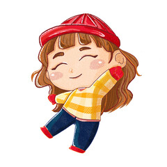cartoon illustration of a cheerful girl or woman in autumn clothes transparent background