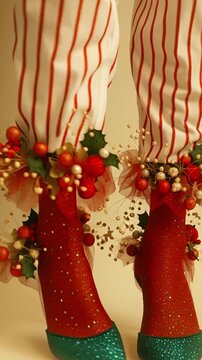 A whimsical fashion editorial shot featuring legs in sheer ruby-red socks and emerald green heels, with sparkling holly leaves, red berrie 