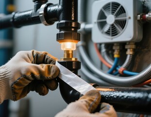 A plumber applies Teflon tape to a pipe fitting to ensure a secure seal.