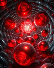 Surreal tunnel filled with infinite glowing red spheres creating hypnotic spiral perspective / Túnel surrealista lleno de infinitas esferas rojas brillantes creando perspectiva en espiral hipnótica.
