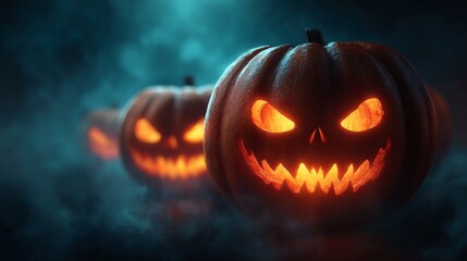 Spooky Halloween Pumpkins: A row of carved pumpkins, illuminated with eerie glowing eyes, sit in a dark and atmospheric scene perfect for Halloween, invoking feelings of mystery, and fright.