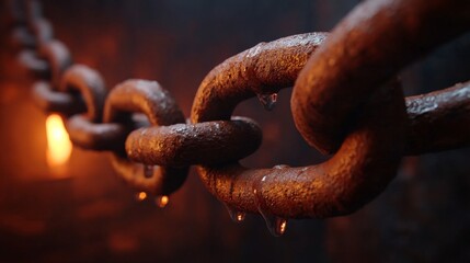 Rusty Chain: A close-up view of a weathered, heavy chain, showcasing its texture, rust, and droplets against a backdrop of warm, inviting light. 