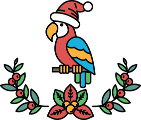 A black and white drawing of a parrot wearing a hat and sitting on a branch