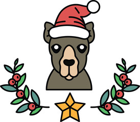 A dog wearing a Santa hat and surrounded by leaves and berries