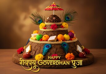 Govardhan Puja celebration with traditional offering decorated with sweets and peacock feathers