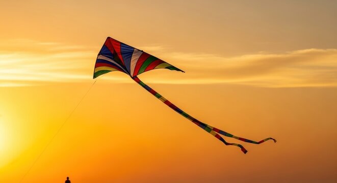 A vibrant, multicolored kite soars gracefully against a warm, sunset sky.  Its long tail streams behind, silhouetted against the orange and yellow hues. A tiny figure is barely visible below