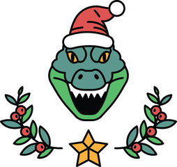 A cartoonish dinosaur with a Santa hat on its head