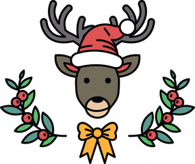 A black and white drawing of a reindeer with a red hat and a bow around its neck