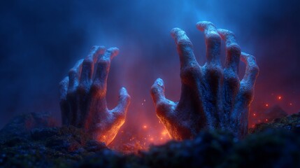Emerging Hands: Dramatic hands reaching up through an ethereal mist, shrouded in ominous blue hues, creating a chilling and surreal scene. This image evokes suspense and mystery