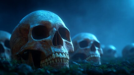 Whispers of Mortality: A chilling depiction of skulls in a hauntingly dark and atmospheric scene, evoking a sense of mystery and introspection. The skeletal remains are scattered across a landscape.