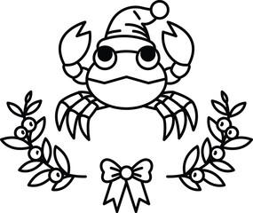A crab wearing a Santa hat is surrounded by leaves and berries