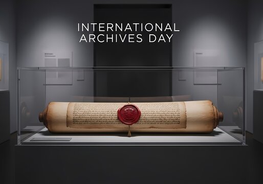 Celebration of international archives day with historical document display in museum exhibit - Powered by Adobe