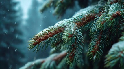 Winter's Embrace: A detailed close-up captures a pristine fir branch blanketed in snow, revealing the tranquil beauty and chill of the winter season.
