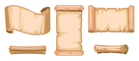 Illustration of different vintage-style scroll paper designs, showcasing rolled and flat configurations useful for various decorative or design purposes.