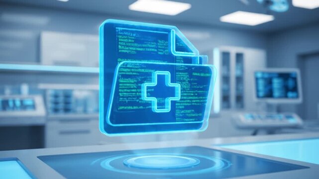Glowing digital medical record icon with cross symbol on holographic interface inside futuristic hospital, representing innovative healthcare technology for secure patient data