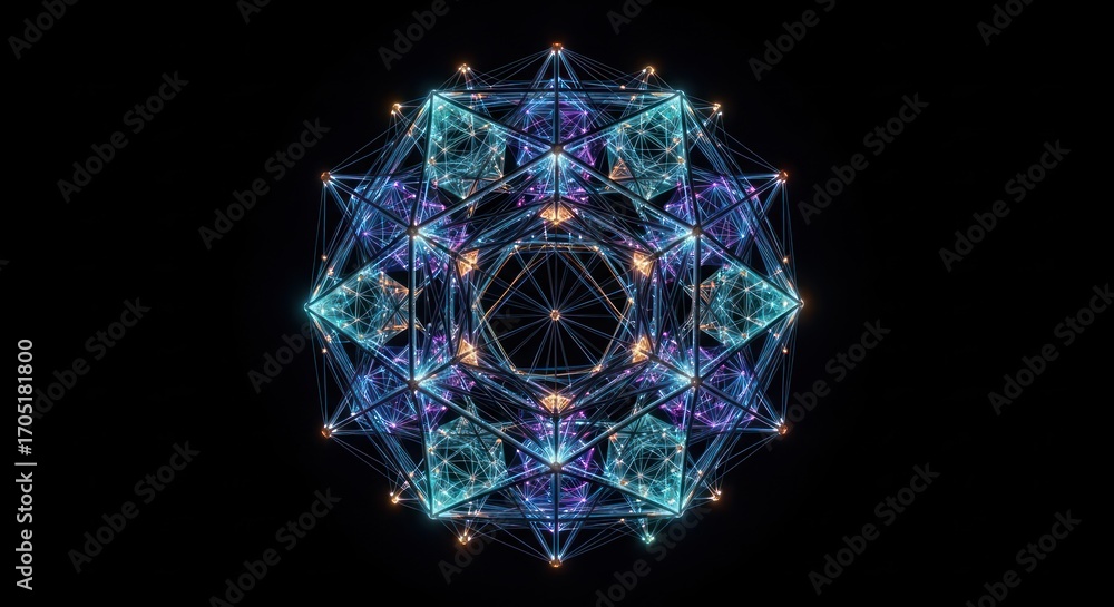 Poster intricate geometric sphere formed with luminous lines and vibrant color on stark dark space