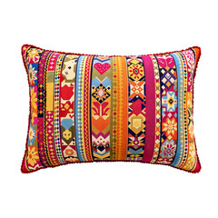 Vibrant rectangular pillow with an intricate, dynamic tapestry pattern. Colorful geometric and floral motifs create an energetic accent for modern interiors