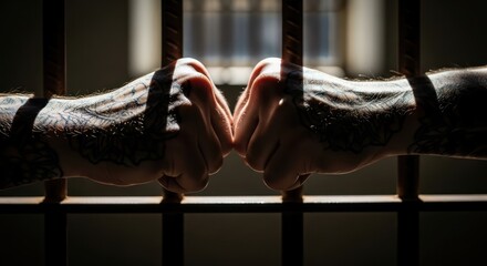 Tattooed hands gripping prison bars symbolizing confinement, struggle, and desperate desire for